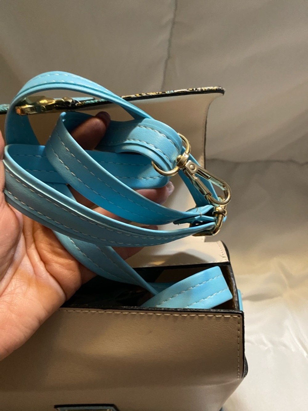 Cream and Turquoise Top-Handle Satchel with Patterned Flap - Picture 10 of 13